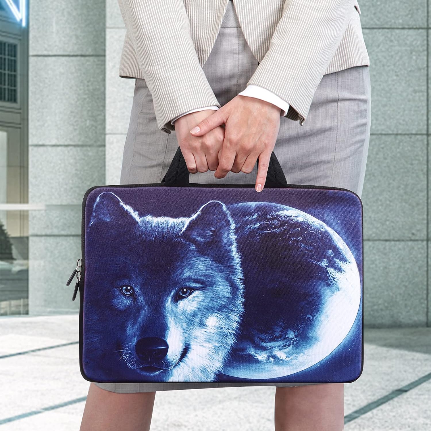 iColor 11.6 12 12.1 12.2 Inch Laptop Carrying Case - Protective Notebook/Netbook Sleeve Bag Pouch - Travel Briefcase with Handle (Moon and Wolf)