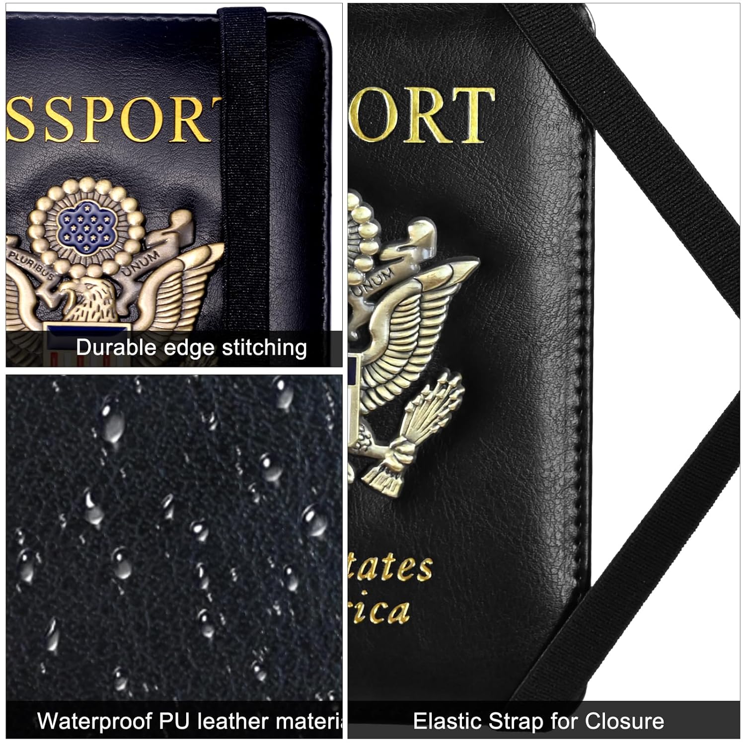Passport Holder Cover Case with Airtag, Travel Passport Book Wallet and Vaccine Card Holder Combo, US ID Badge Porta Pasaporte with RFID Blocking, Leather Document Organizer for Men Women Kids, Black, Polished Leather Surfaces