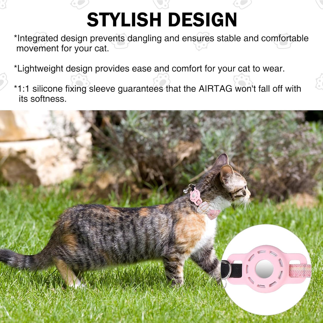 DILLYBUD Airtag Cat Collar with Bells and Bowtie - Cute Safety Elastic Band Adjustable Pet Collars with Waterproof Airtag Holder -GPS Tracker Cat Collars for Girl Boy Cats, Kitten and Puppies