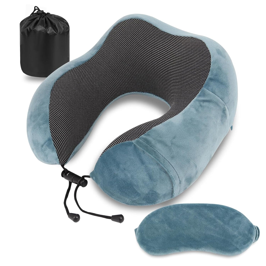 Pure Memory Foam Travel Pillow Set for Adults - Comfortable & Breathable Removable Cover, Airplane Travel Kit with Eye Mask & Portable Storage Bags for Plane Accessories - Blue