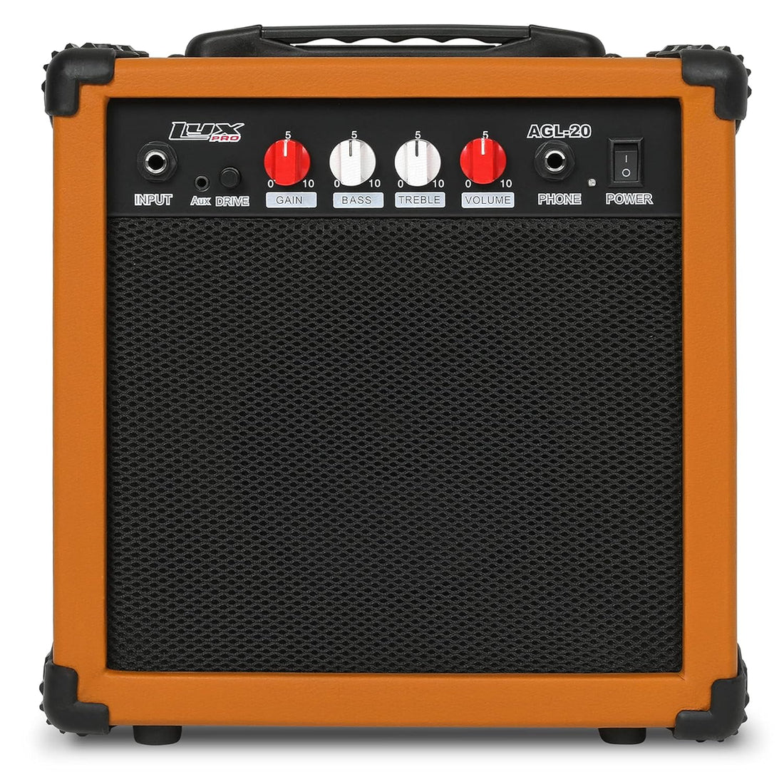 LyxPro Electric Guitar Amp 20 Watt Amplifier Built in Speaker Headphone Jack and Aux Input Includes Gain Bass Treble Volume and Grind - Mahogany