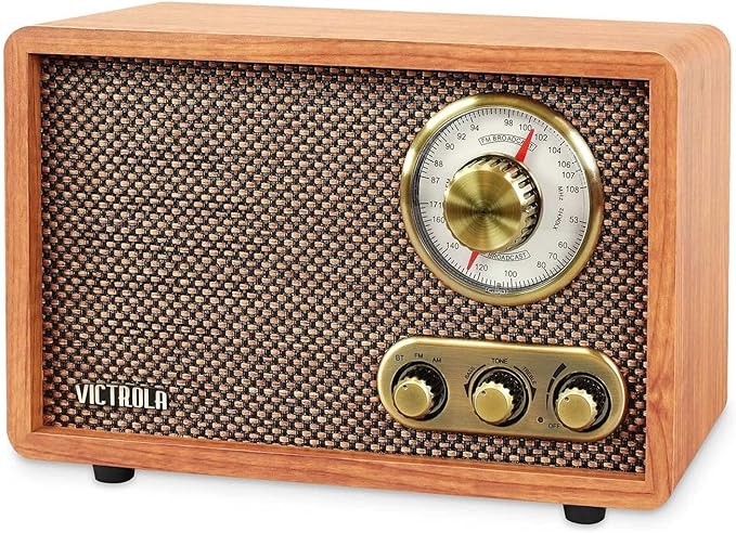 Victrola Retro Wood Bluetooth Radio with Built-in Speakers, Elegant & Vintage Design, Rotary AM/FM Tuning Dial, Wireless Streaming, Walnut