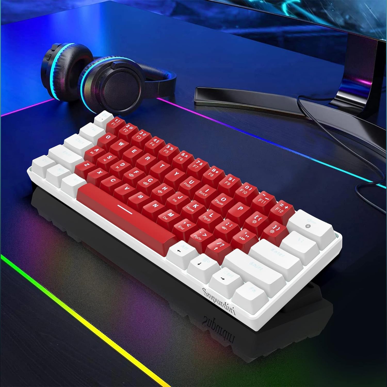 Snpurdiri Wired 60% Mechanical Gaming Keyboard, White LED Backlit Ultra-Compact Small Office Keyboard for Windows Laptop PC Mac (White-Red, Red Switches)