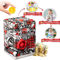 ATM Piggy Bank for Boys Girls, Vcertcpl Mini ATM Coin Bank Money Saving Box with Password, Kids Safe Money Jar for Adults with Auto Grab Bill Slot, Great Gift Toy Bank for Kids (Large, TY-RedBlack)