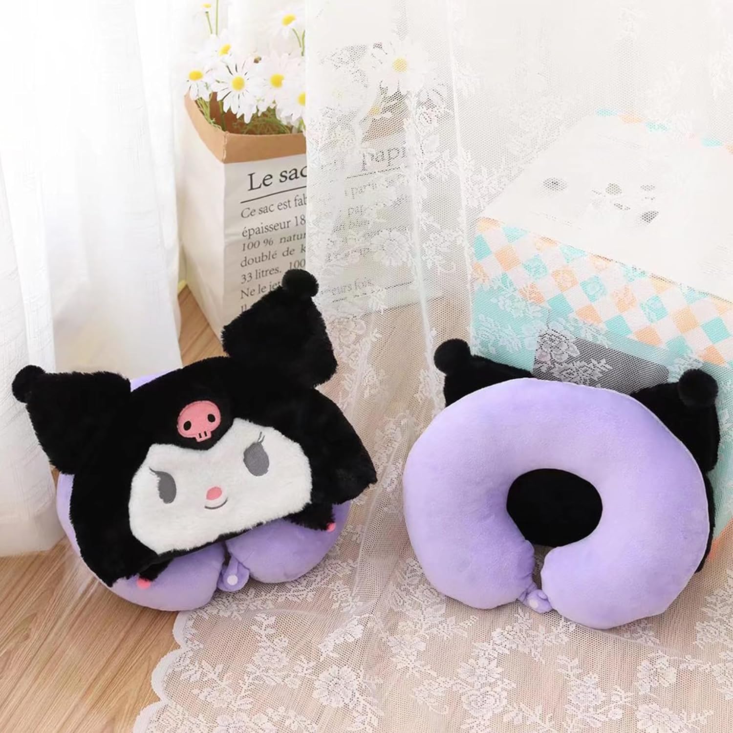 Kawaii Cartoon Travel Neck Pillows with Hoodie Ultra Soft Travel Lightweight Travelling Pillow Set for Sleeping, Airplanes,Home & Office