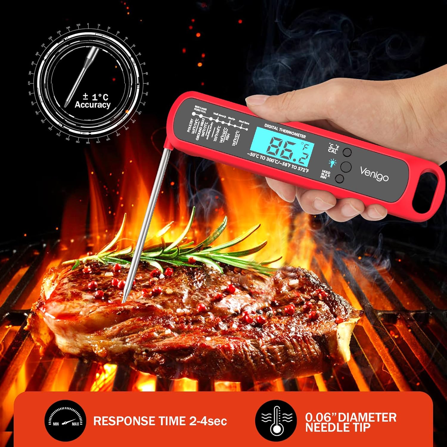 Venigo Digital Meat and Food Thermometer for Cooking and Grilling, Waterproof Instant-Read Cooking Thermometer, Kitchen Probe Thermometer for Baking, Roasting, Smoking, Deep Frying (Red)