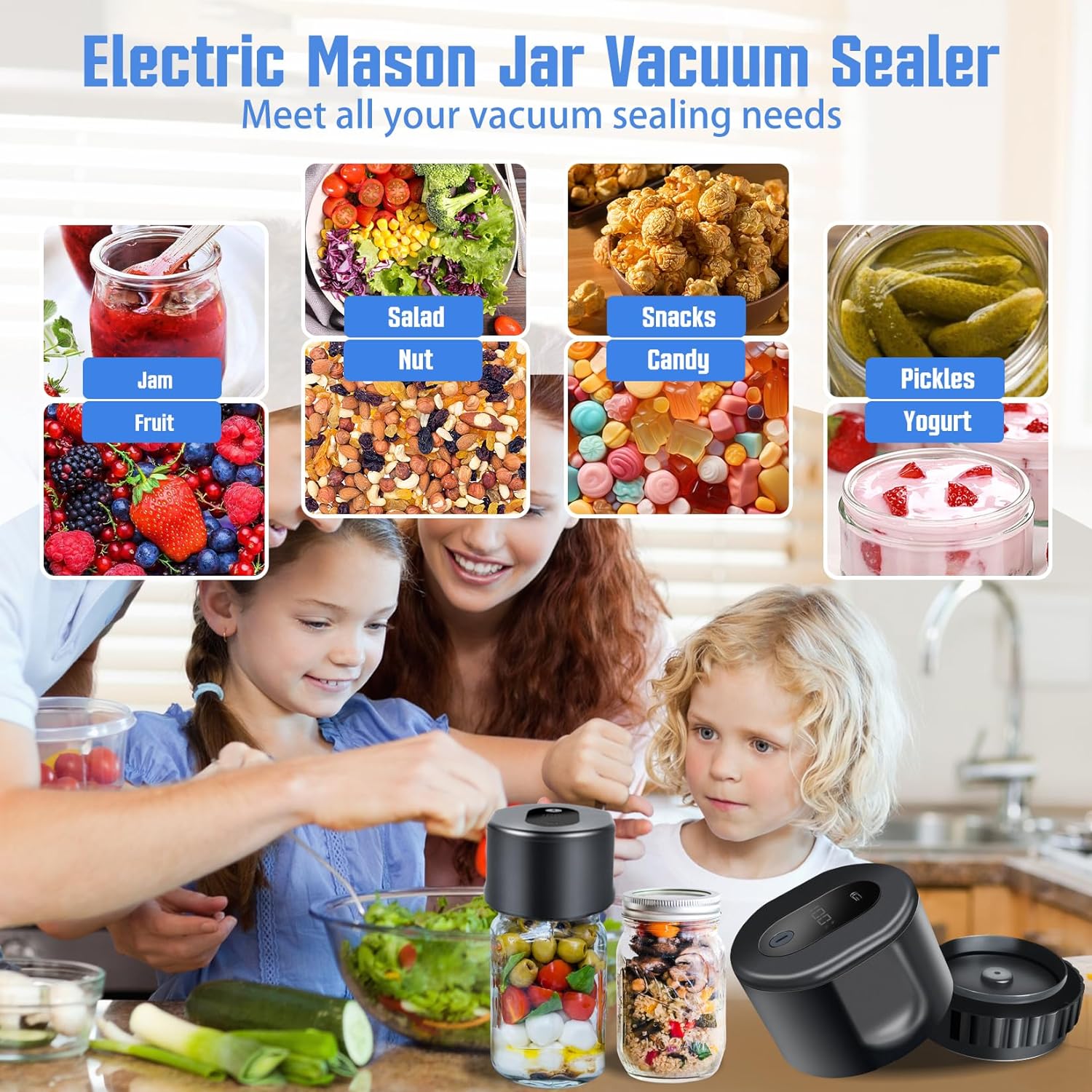 Sinbyuer Electric Mason Jar Vacuum Sealer Kit, Canning Vacuum Sealer for Wide & Regular Mouth Mason Jars, Vacuum Jar Sealer Machine with LED Display, Cordless Vacuum Sealer for Can Sealer Machine