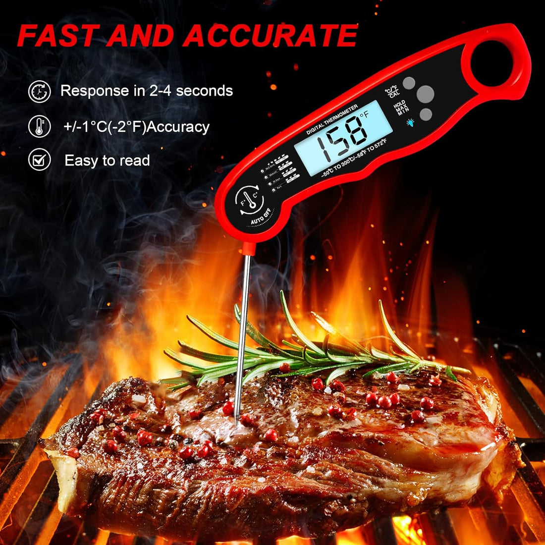 Instant Meat Thermometer for Cooking and Grilling, Collapsible Probe, with Magnet, Calibration, Backlight Waterproof Food Thermometer , Instant Read Thermometer for Kitchen, Meat, Steak, Turkey