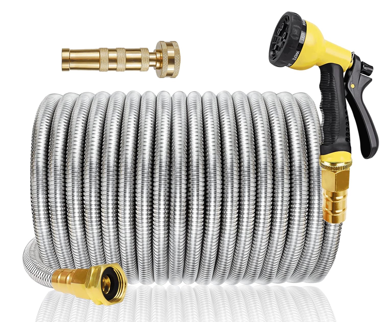 Metal Garden Hose 304 Stainless Steel Water Hose Heavy Duty Water Hose with Metal Nozzle & 8 Function Sprayer, Portable & Lightweight Kink Free Yard Hose, Outdoor 100FT Hose