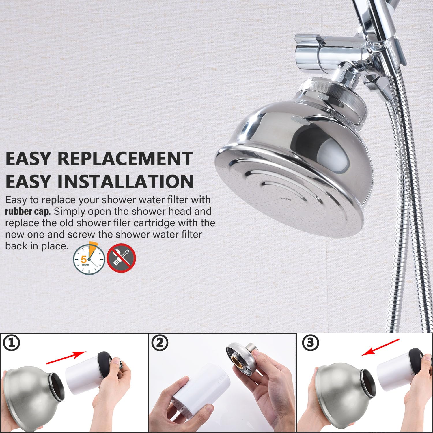 SonTiy Filtered Shower Head, Built-in Shower Filter Mulit Stage Hard Water Shower Head Filter to Reduce Dry Itchy Skin, Dandruff - High Output Rainfall Showerhead - Stainless Steel - Chrome