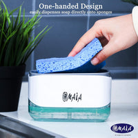 OMAIA 2-in-1 Kitchen Soap Dispenser with Sponge Holder - Refillable Dishwashing Liquid Container with Pump & Tray - Useful Kitchen Gadgets - Sink Countertop Organizer for Home, Restaurant, Not Rusted