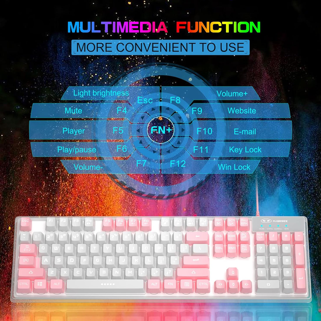 Gaming Keyboard, 7 Colors Backlit Wired Gaming Keyboard with Clear Housing and Double-Shot Keycaps, MageGee K1 Waterproof Ergonomic 104 Keys Light Up Keyboard for PC Desktop Laptop, Pink & White