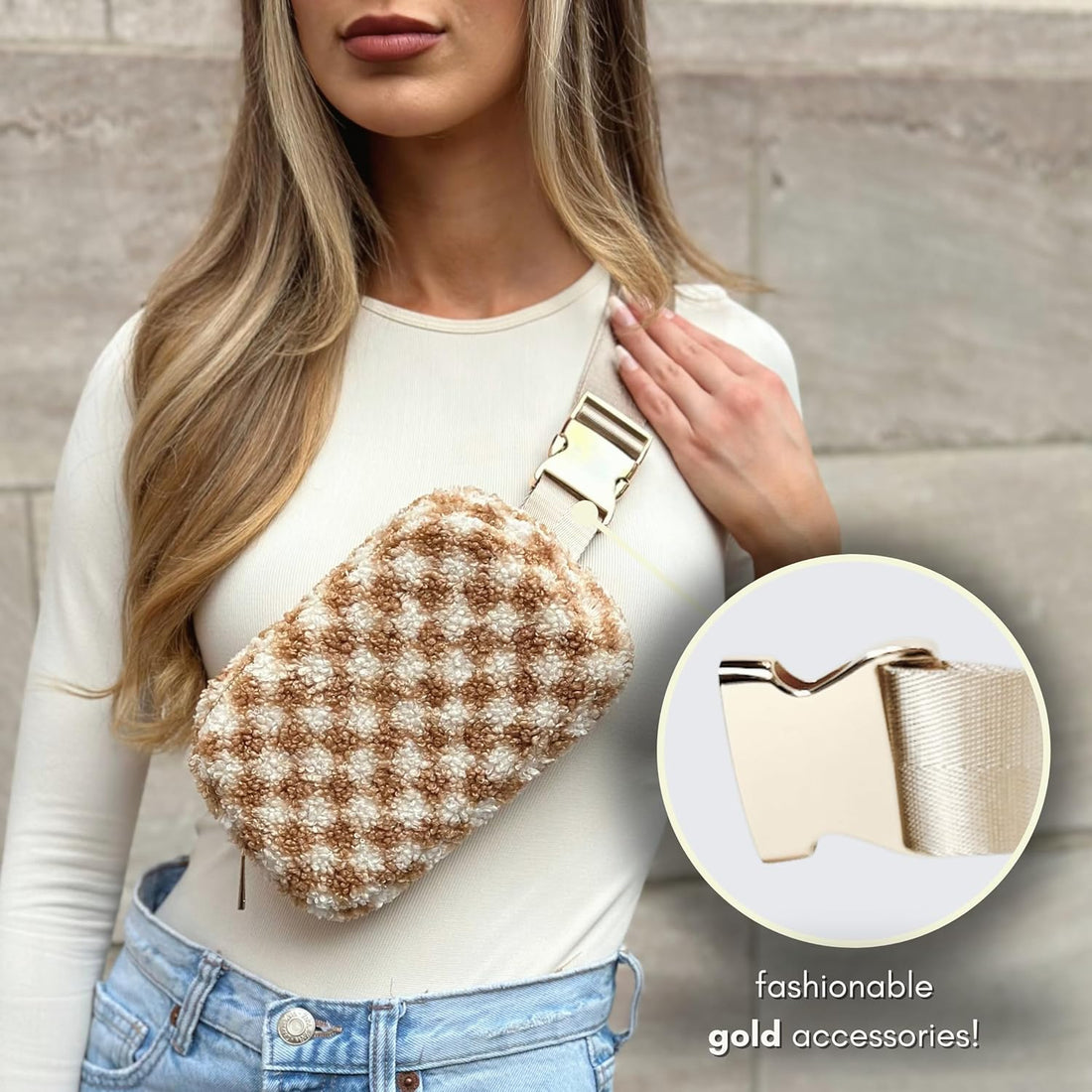 Boutique Fleece Belt Bag | Sherpa Crossbody Bag Fanny Pack for Women Fashionable | Cute Mini Everywhere Bum Hip Waist Pack | Small Fashion Travel Chest Bag | Gold Silver Accessories | Adjustable Strap, Tan Checkered Fleece, Extended Strap Length