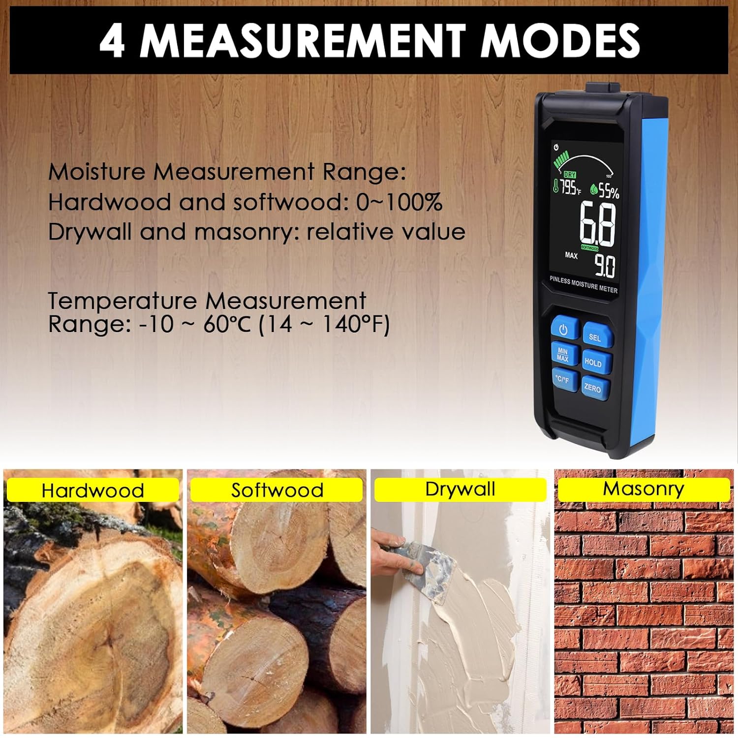 Digital Pinless Wood Moisture Meter with Large Color LCD Display and Multiple Mode Options for Wood, Wall, Plaster, and Masonry – Non-Destructive with Visual and Audible Alerts