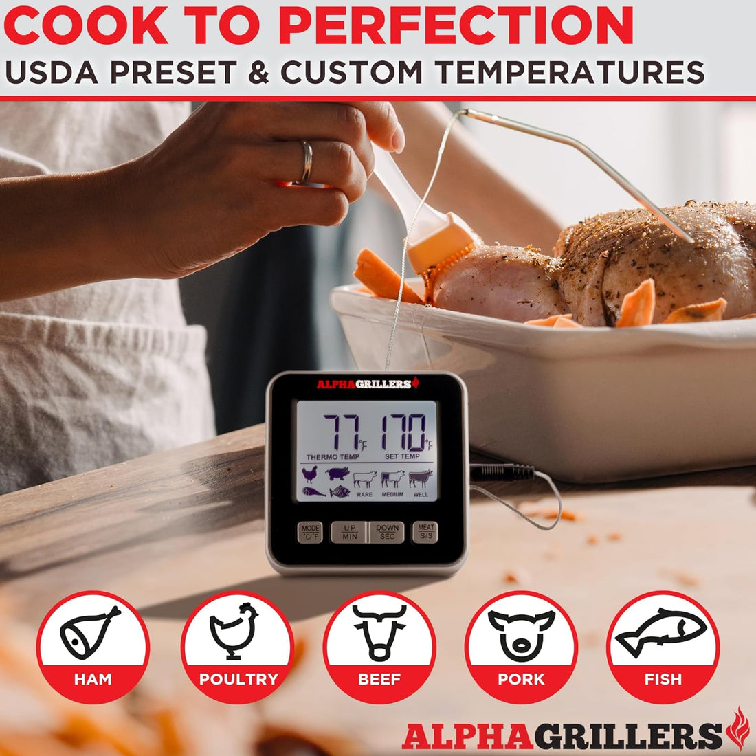 Alpha Grillers Cooking Thermometer w/ Temperature Probe, Leave in Meat Thermometer for Oven - Digital Meat Thermometer with Probe & 7 Preset Temps & Timer - Oven Thermometer for Cooking & Grilling