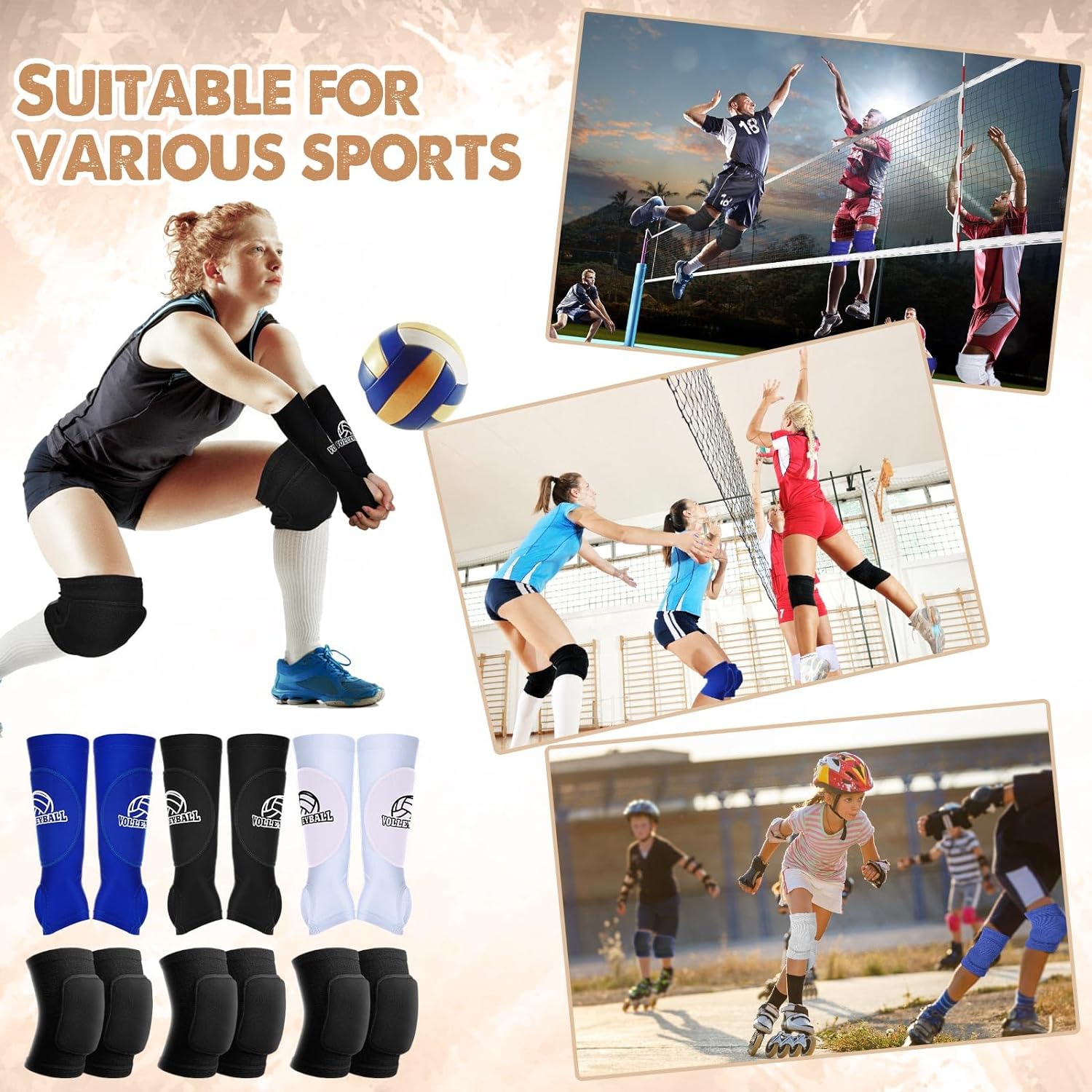 Breathffy 6 Pairs Volleyball Knee Pads and 6 Pairs Volleyball Padded Passing Sleeves Protective Knee Brace Forearm Elbow Sleeve for Youth Teen Train Accessories