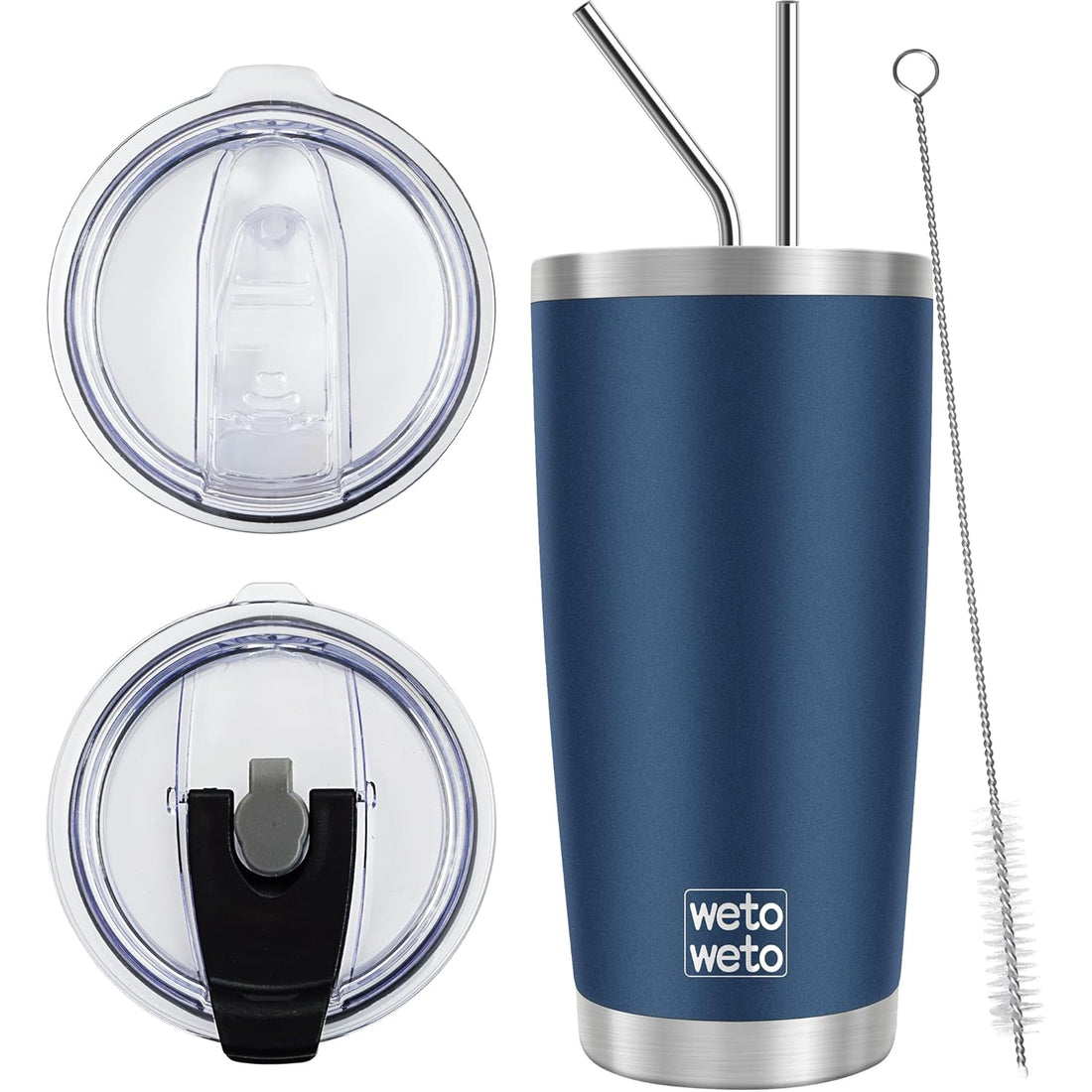 WETOWETO 20oz Tumbler with 2 lids and 2 straws, Stainless Steel Vacuum Insulated Water Coffee Tumbler Cup, Double Wall Powder Coated Spill-Proof Travel Mug Thermal Cup (Navy Blue, 1 Pack)