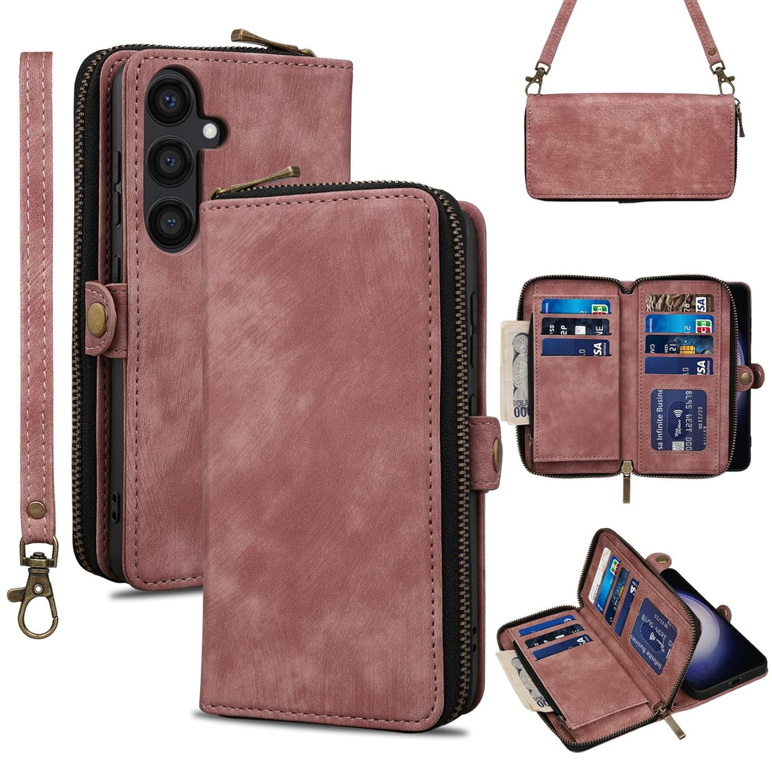 Rssviss Wallet Case for Samsung Galaxy S24 5G Crossbody with Card Holder Wrist Strap, 【RFID Blocking】 Flip Zipper Case PU Leather, Purse Cover for Samsung S24 Men Women 6.1 inch Pink