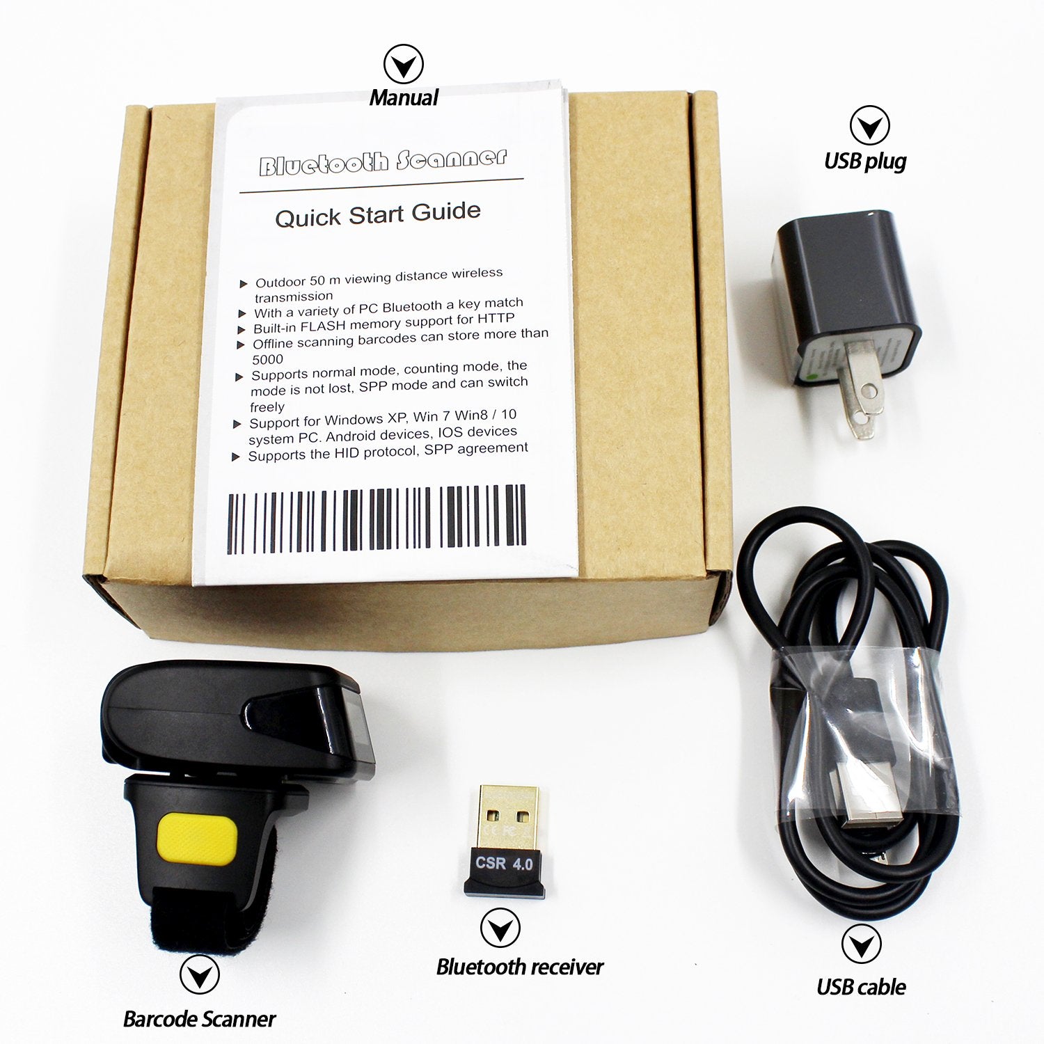 Portable 2D Wireless Ring Barcode Scanner Bluetooth, Mini USB Wired & 2.4G Wireless & Bluetooth Scanner, Image 1D QR Bar Code Reader PDF417 Data Matrix Screen Scan for iPad, Smartphone, PC