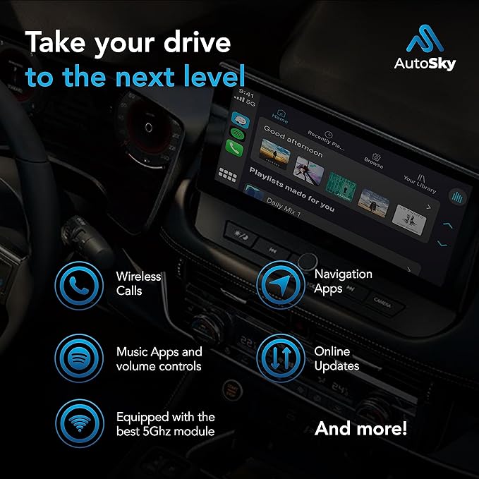 Wireless CarPlay Adapter - Newest and Fastest 5Ghz - AutoSky - Plug and Play - USB-C and USB-A Cables - Wired CarPlay Required