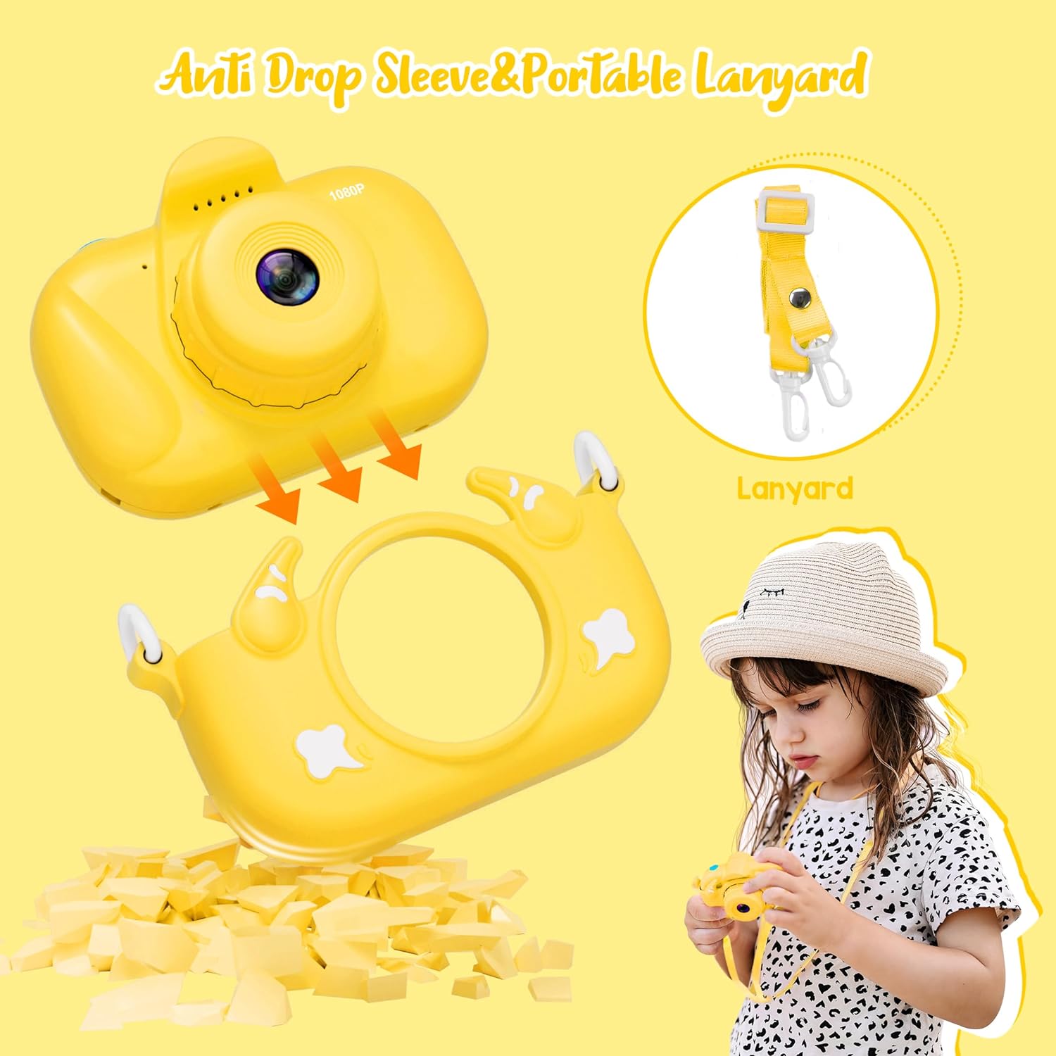 Kids Digital Camera 1080P Camera for Kids with 32GB Card(Yellow)