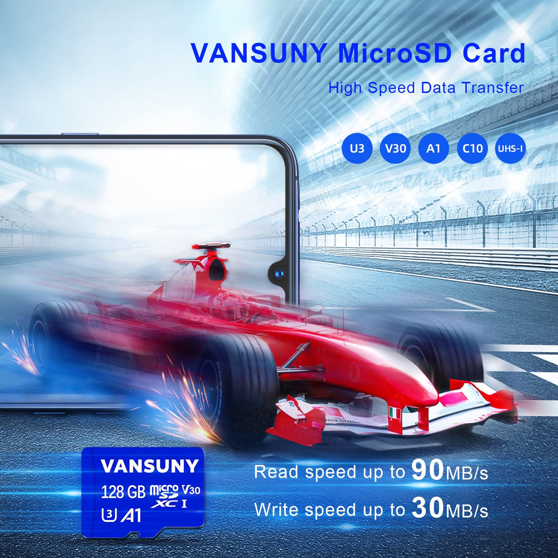 Vansuny Micro SD Card 128GB 2 Pack microSDXC Memory Card with SD Adapter A1 App Performance V30 4K Video Recording C10 U3 Micro SD for Phone, Security Camera, Dash Cam, Action Camera