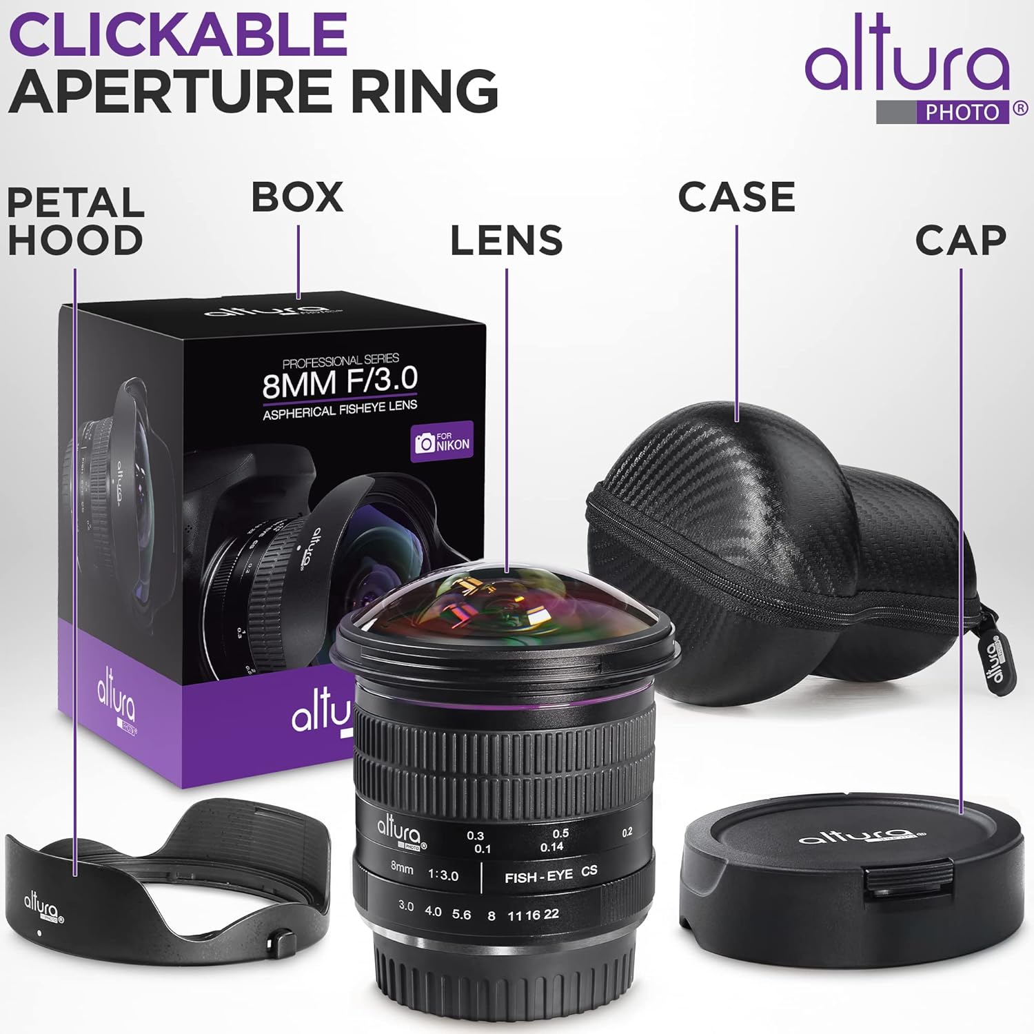 Altura Photo 8MM f/3.0 Fisheye Lens for Nikon DSLR AP-8MN Professional Ultra Wide Angle Aspherical Fixed Lens with Removeable Lens Hood and Protective Carry Case