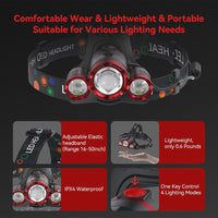 Headlamp Rechargeable Headlamps 6000 High Lumens Super Brightest Head Lamp for Adluts Kids Waterproof Headlight 4 Modes Lightweight Head Lights for Outdoor Camping Hunting Running Hiking Reading(Red)