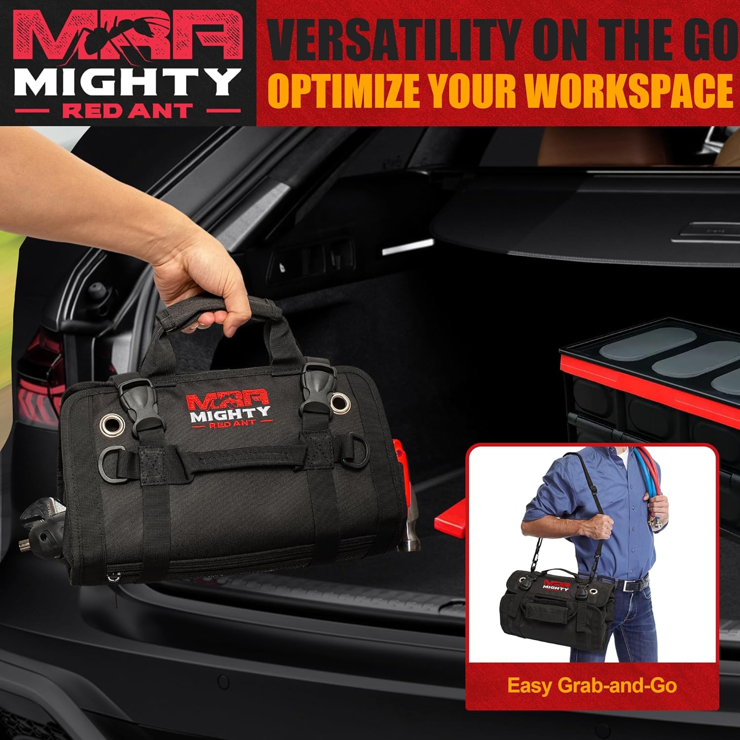 Mighty Red Ant Tool Roll Organizer - Versatile Roll Up Tool Bag with Magnetic Tray Accessory, Ideal for Workshop, Car, Motorcycle - Durable Tool Roll Pouch for Professionals