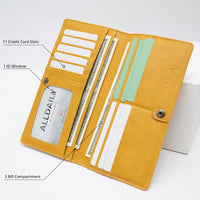 Alldaily Ultra Slim Thin Leather Women Wallet RFID Blocking Credit Card Holder Bifold Long Ladies Billfold, Yellow