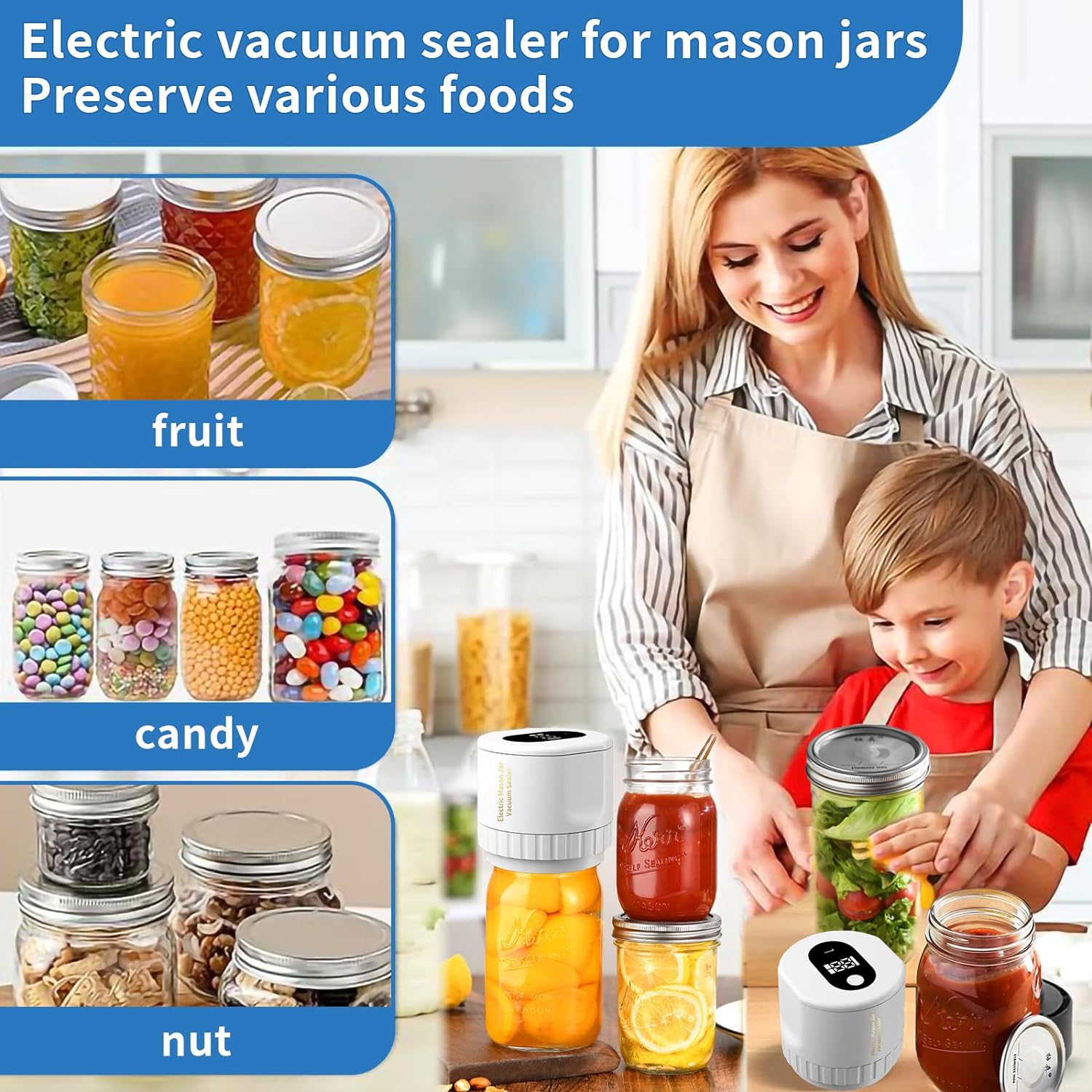 JHHJIFY Electric Mason Jar Vacuum Sealer, Strong Suction Vacuum Sealer for Canning Mason Jars with Wide & Regular Mouth, Vacuum Sealing Machine for Food Storage and Fermentation