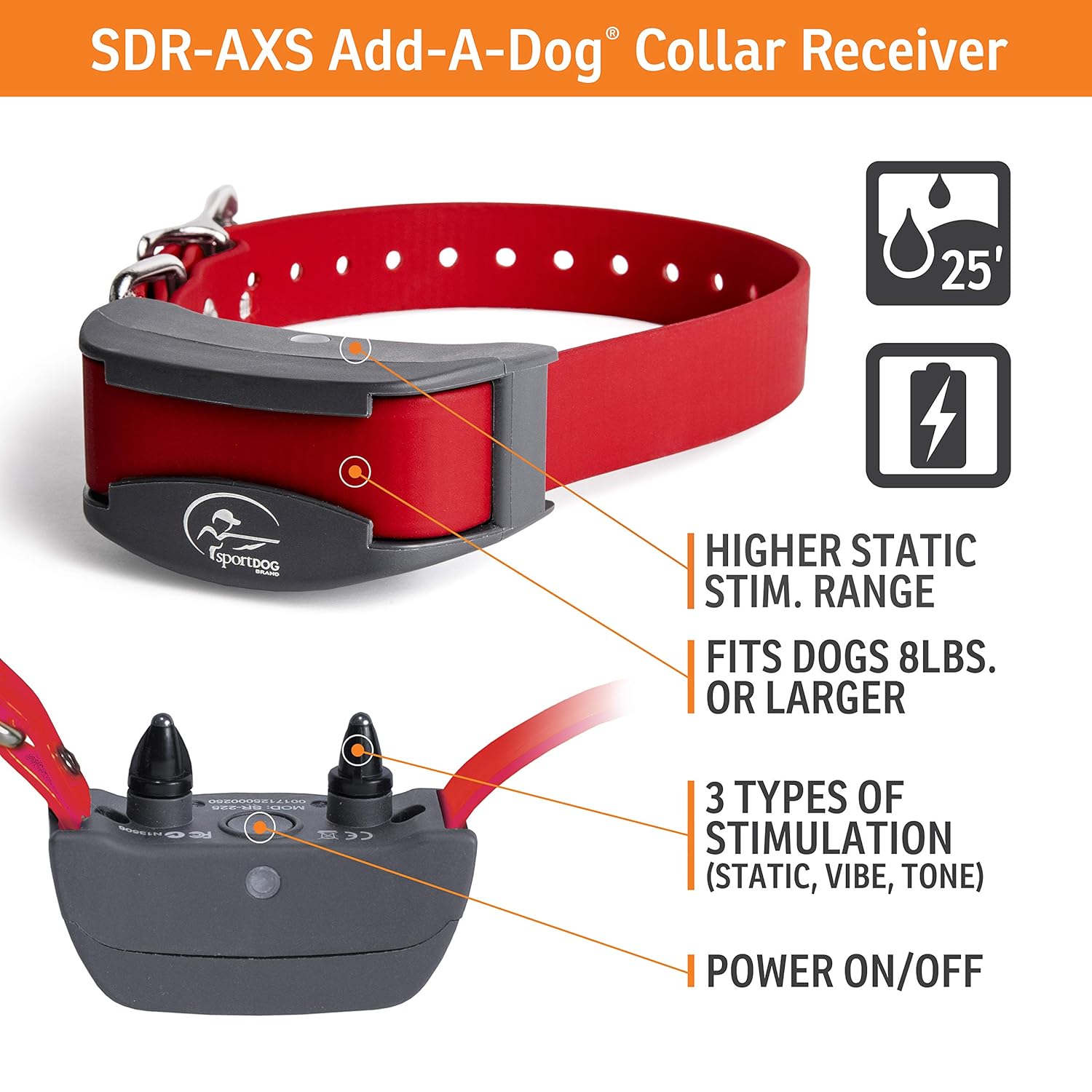 SportDOG Brand FieldTrainer 425XS Add-A-Dog Collar for Stubborn Dogs - Additional, or Extra Collar for Your Remote Trainer - Waterproof and Rechargeable with Tone, Vibration, and Static