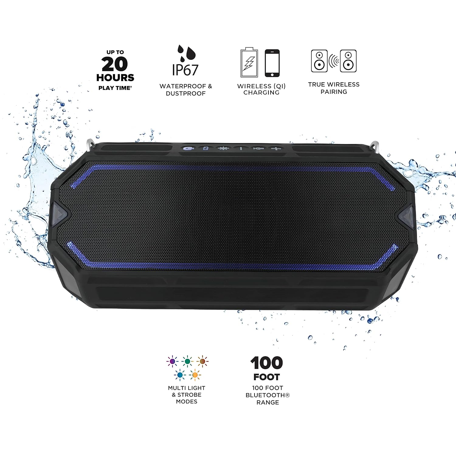 Altec Lansing HydraShock Bluetooth Speaker USB Type-C Rechargeable Portable Speaker Wireless Charger for Phone, Stereo Speaker w/LED Lights for Pool Beach Hiking Camping, 20 Hour Playtime (Black)
