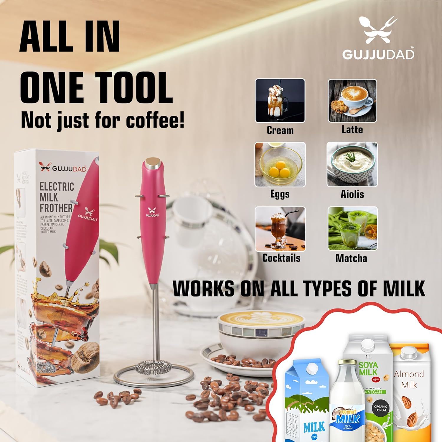 GUJJUDAD all in one milk frother handheld - speedy whisk hand blender for coffee - mini frother wand for lattes - powerful drink mixer for frappe, matcha, hot chocolate, cappuccino (Viva magenta)