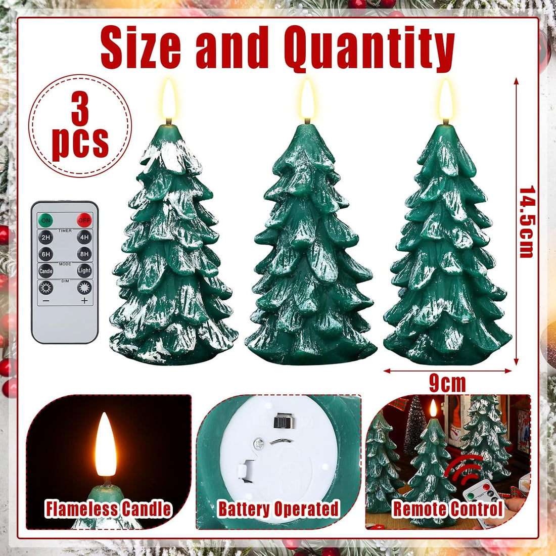 VIHOSE 3 Pcs Christmas Tree Flameless Candles with Remote 3.54'' x 5.71'' LED Flameless Taper Candles Real Wax Christmas Tree Candles Battery Operated Pillar Candle for Xmas Party Holiday Gifts