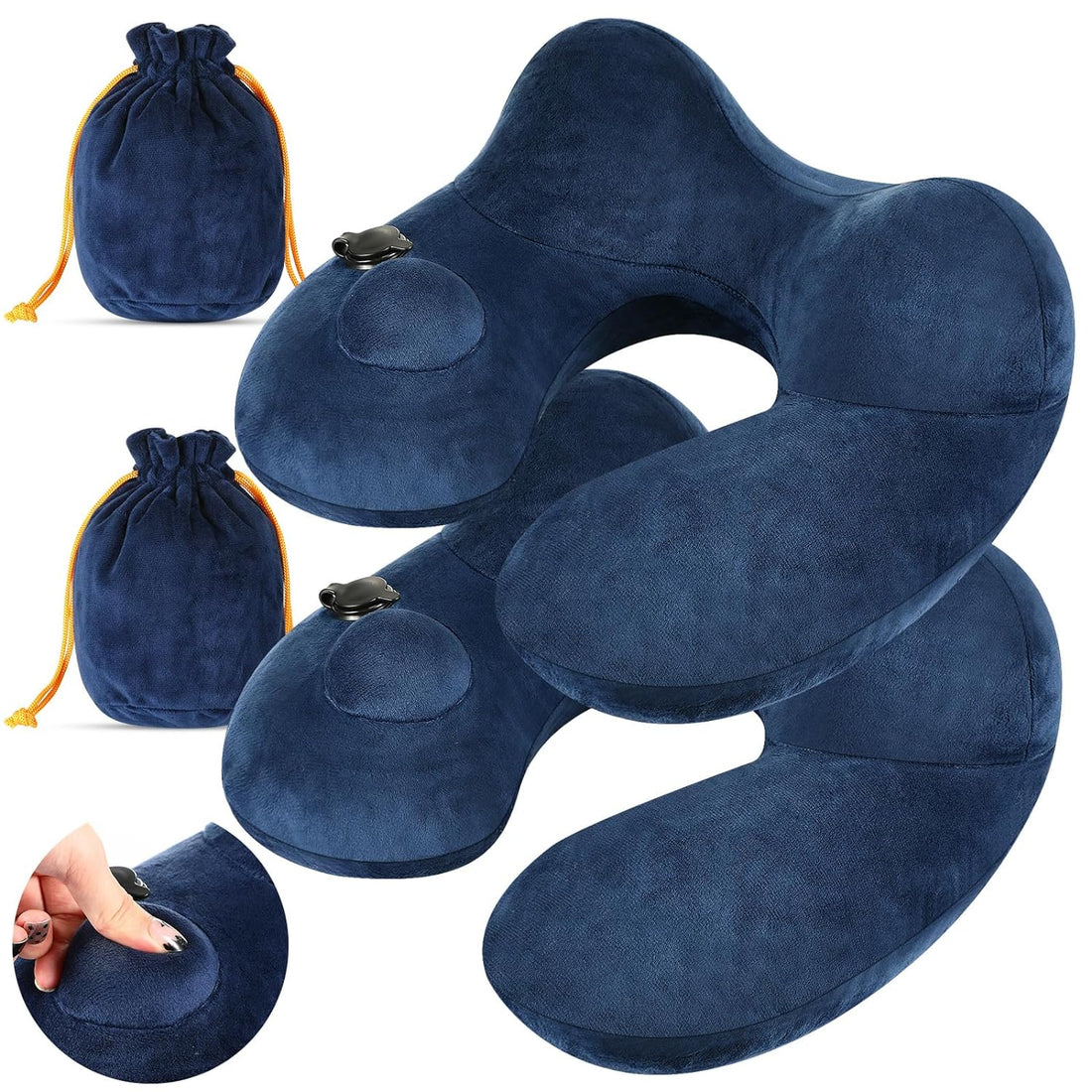 Xtinmee 2Pcs Self-Inflatable Pillow Inflatable Travel Pillow with Compact Bag Soft Airplane Pillow for Long Flight Neck Cushion for Head Support Car Home Office 12.2x11.81x5.91in (Navy Blue)