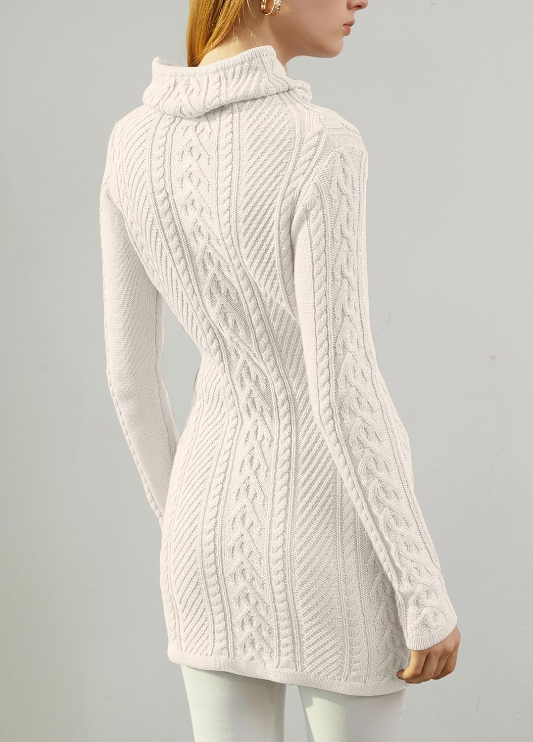v28 Women Polo Neck Turtleneck Knit Stretchable Elasticity Long Slim Sweater, Cream White, Medium