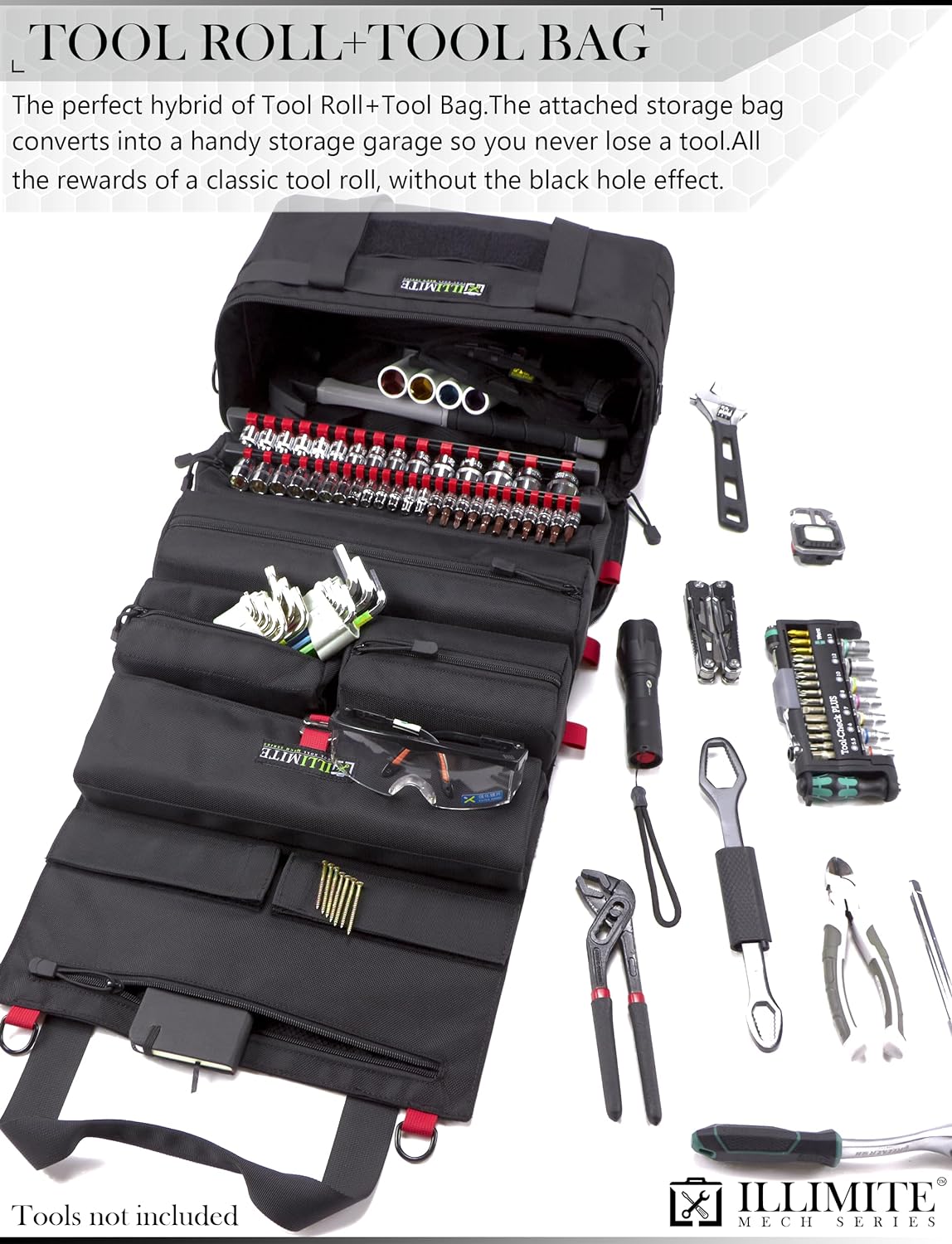 Illimite Heavy-Duty Tool Roll Organizer Bag, The Perfect Combination Of Tool Roll-Up+Tool Bag, With a Modular Design Concept