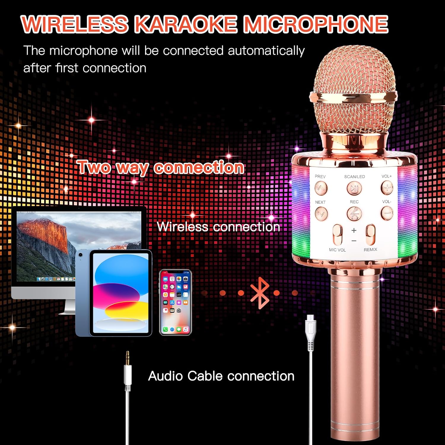ShinePick Wireless 4 in 1 Bluetooth Karaoke Microphone, Handheld Portable Speaker Machine, Home KTV Player with Record Function, Compatible with Android & iOS Devices(Pink)