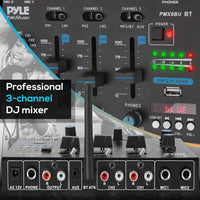 Wireless DJ Audio Mixer - 3 Channel Bluetooth Compatible DJ Controller Sound Mixer, Mic-Talkover, USB Reader, Dual RCA Phono/Line in, Microphone Input, Headphone Jack - Pyle PMX8BU