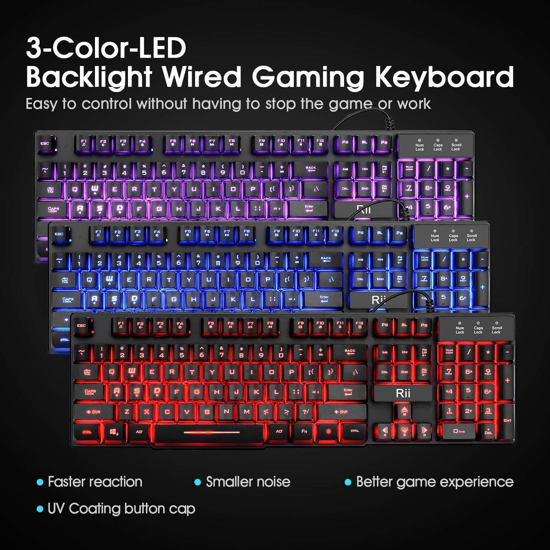 Rii K100 3-LED Colors wired Mechanical feeling Gaming Keyboard