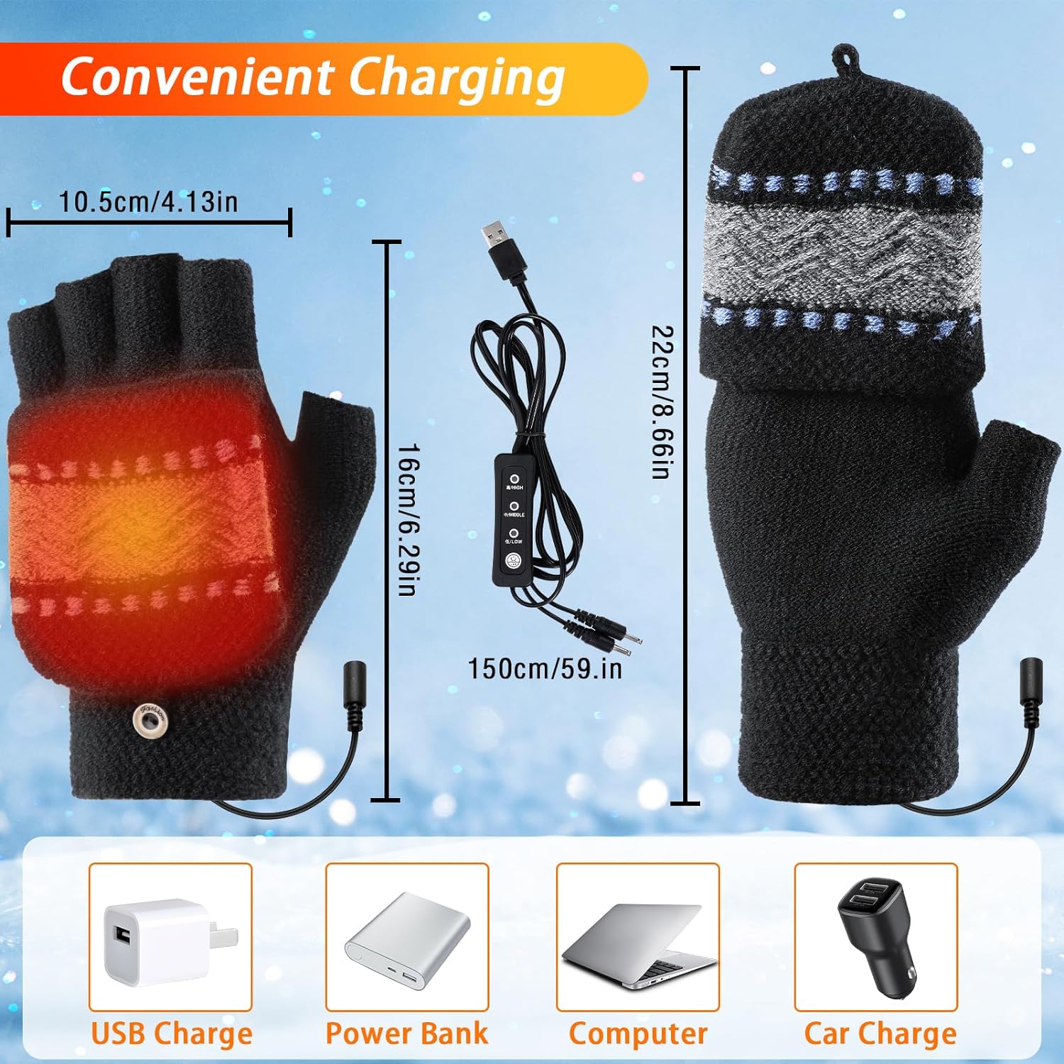ACETOP USB Heated Gloves for Men and Women, Winter Warm Heating Gloves Electric Fingerless Touchscreen Gloves Full & Half Hands Warmer with 3 Adjustable Temperature, Washable Knitting Laptop Gloves