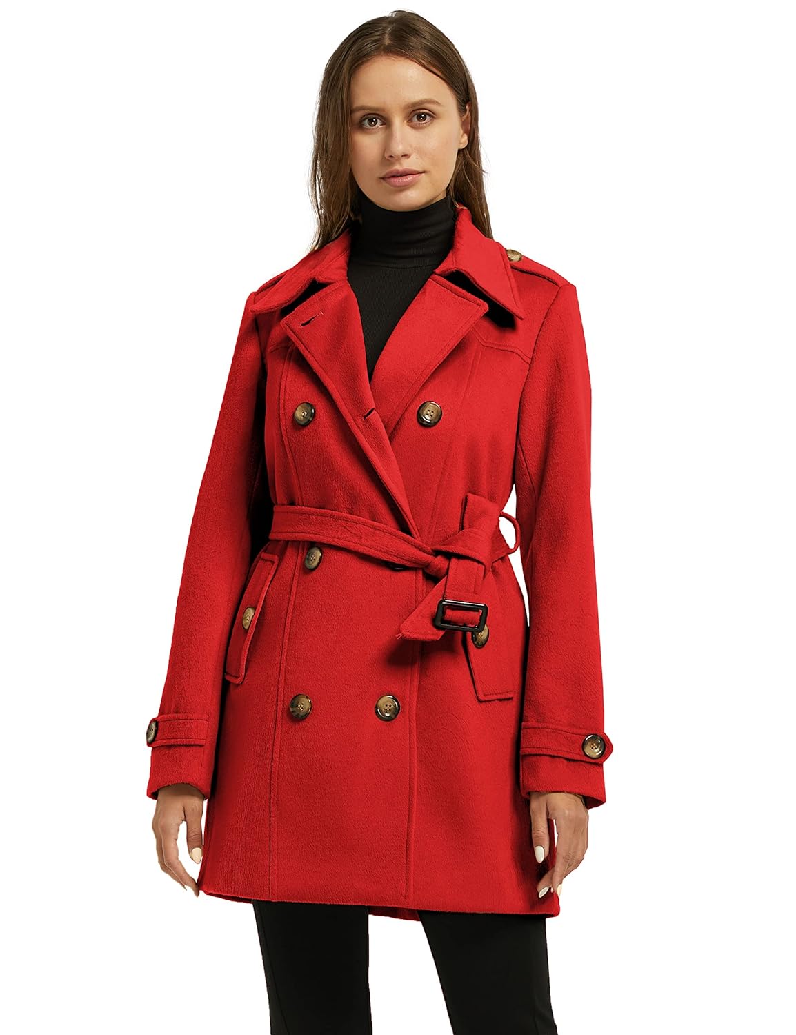 Wantdo Women's Double Breasted Long Trench Coats Pea Coat with Belt Red Small