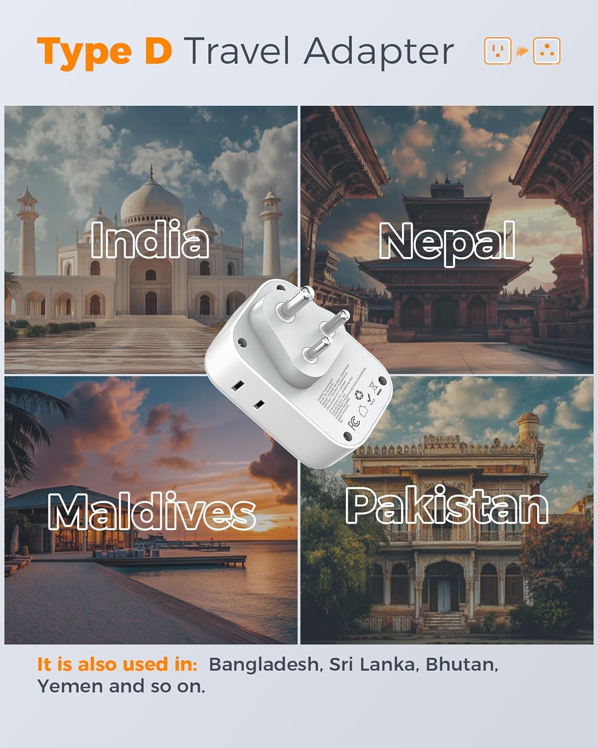 US to India Plug Adapter: TESSAN Type D Travel Adapter with – Side View