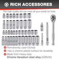 EACELIY 44 Pieces 3/8" Drive Socket Set with 72-Tooth Pear Head Ratchet