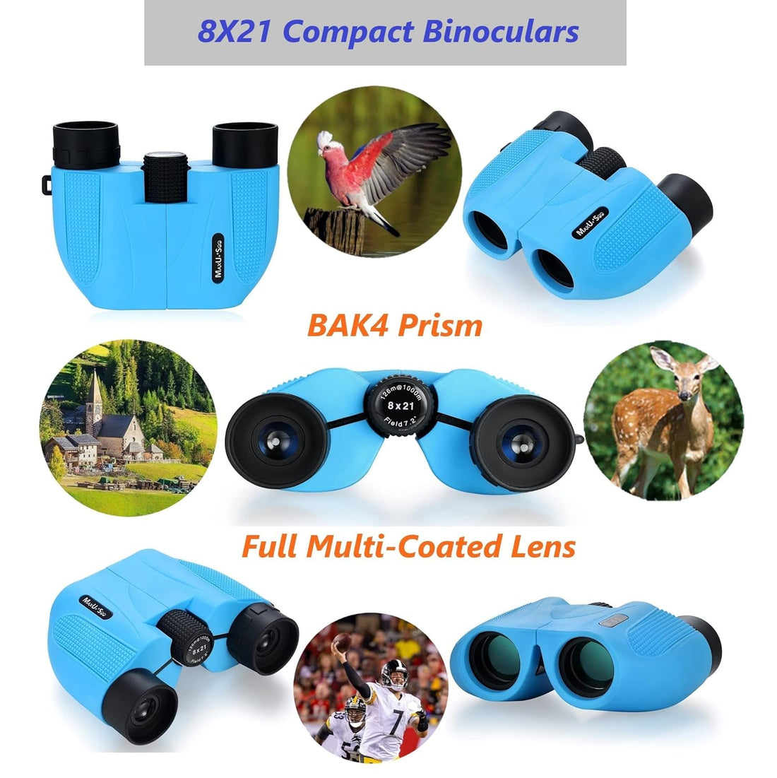 MaxUSee 8X21 Compact Binoculars for Adults and Kids, Easy Focus HD Binoculars for Bird Watching, Travel, Sightseeing, Concerts and Sport Games