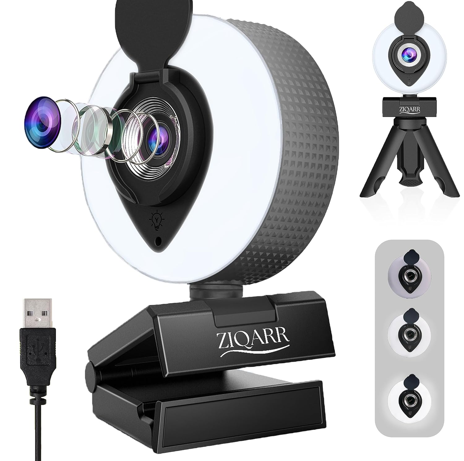 Ziqarr 1080p FHD Webcam with Omnidirectional Microphone, Wide Field of View, Built-in Privacy Cover, Three Level Adjustable Ring Light, Mini-Tripod Stand for Web Streaming, Video Conferencing