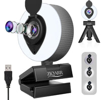 Ziqarr 1080p FHD Webcam with Omnidirectional Microphone, Wide Field of View, Built-in Privacy Cover, Three Level Adjustable Ring Light, Mini-Tripod Stand for Web Streaming, Video Conferencing