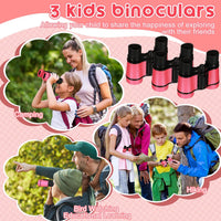 Halloscume 3 Pcs Kids Binoculars Shock Proof Mini Binoculars Gifts for Age 6-12 Years Old Boys Girls Bird Watching Educational Learning Camping Hiking Birthday Presents(Pink)