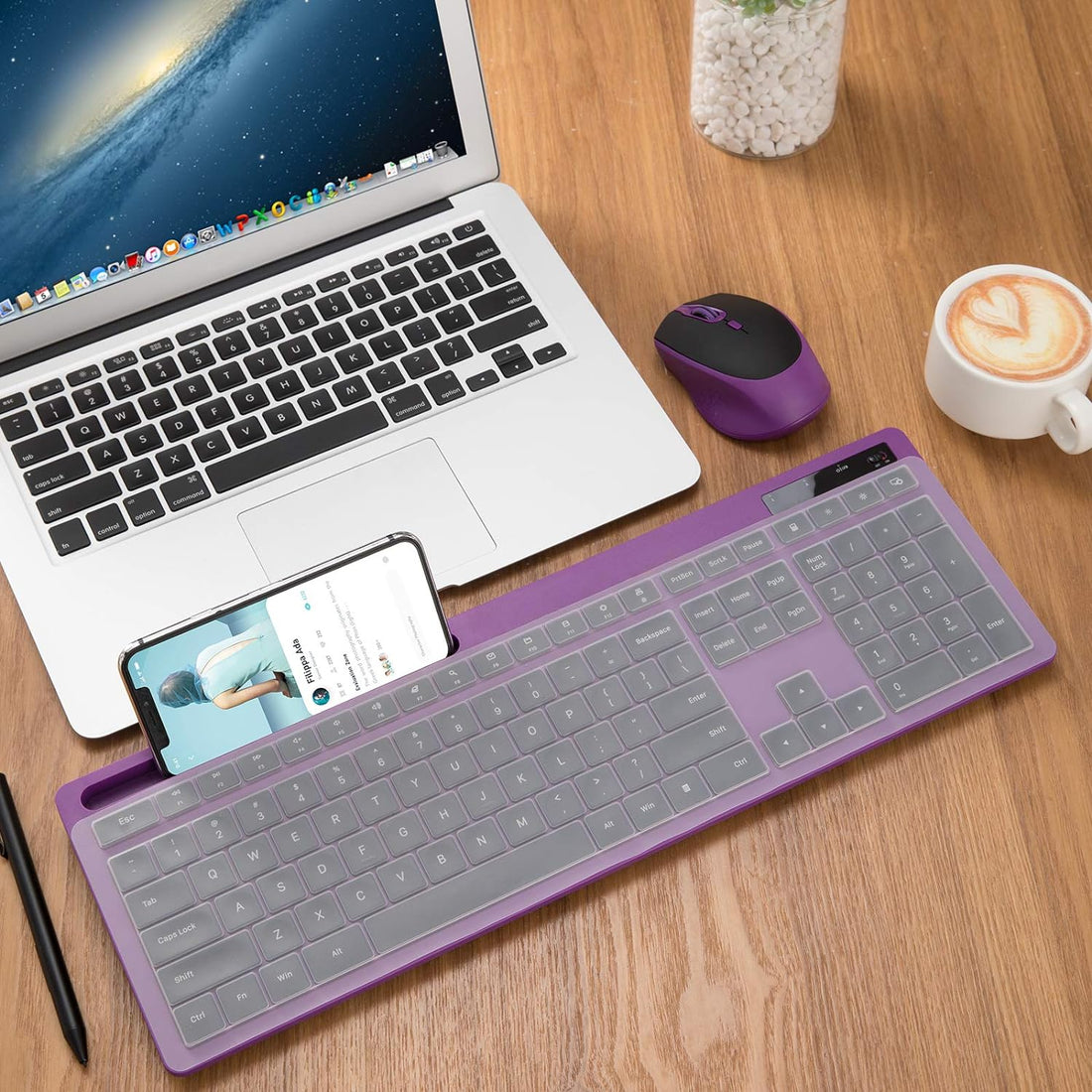 Wireless Keyboard and Mouse Combo - Keyboard with Phone Holder, seenda 2.4GHz Silent USB Wireless Keyboard Mouse Combo, Full-Size Keyboard and Mouse for Computer, Desktop and Laptop (Purple)